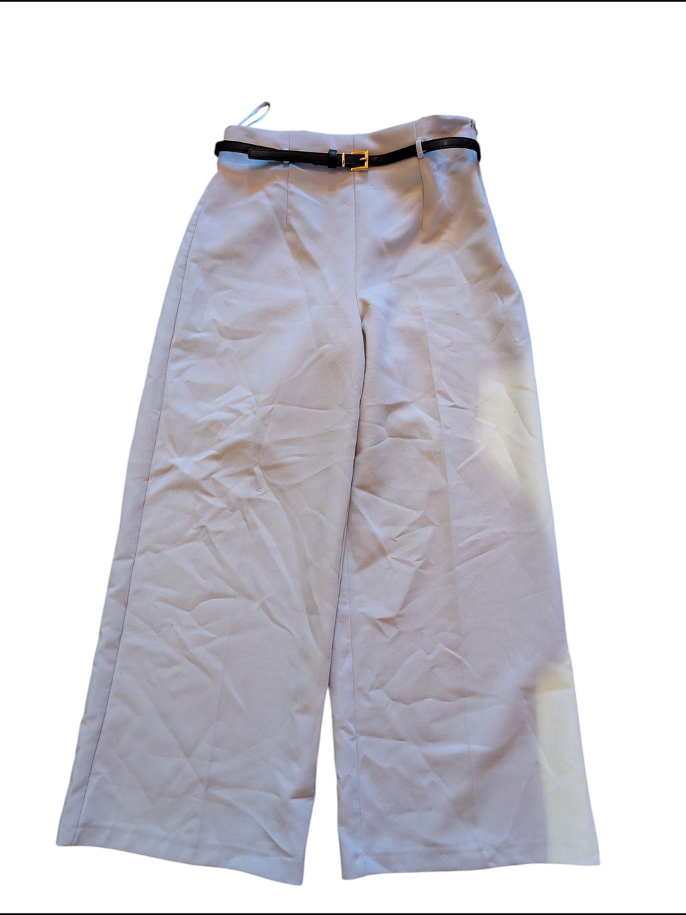 Zara Cream Wide-Leg High Waist Pants with Black Belt